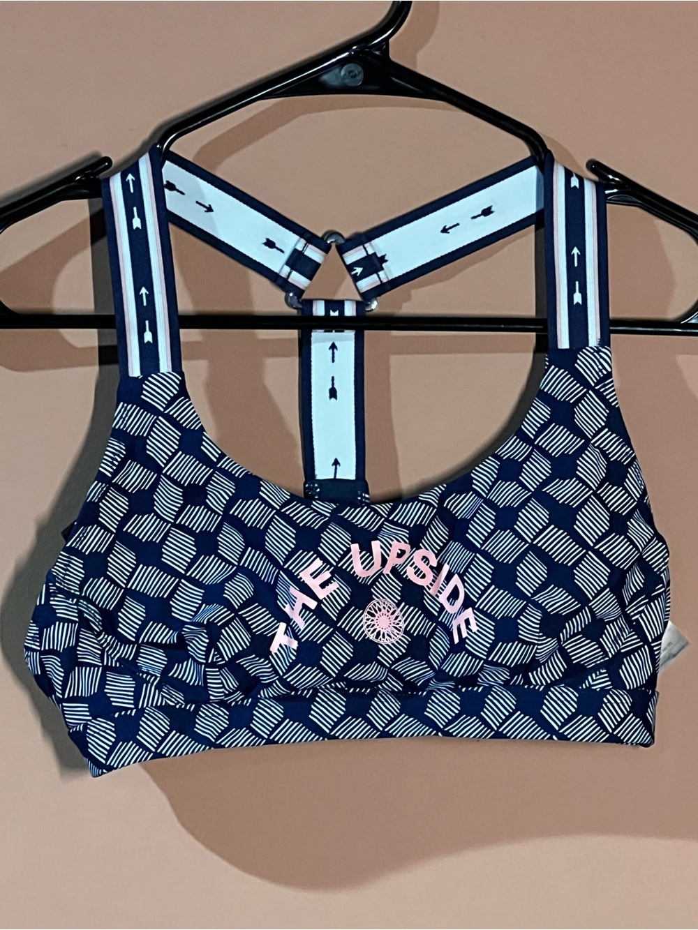 The Upside Navy Geometric Sports Bra with Pink Logo